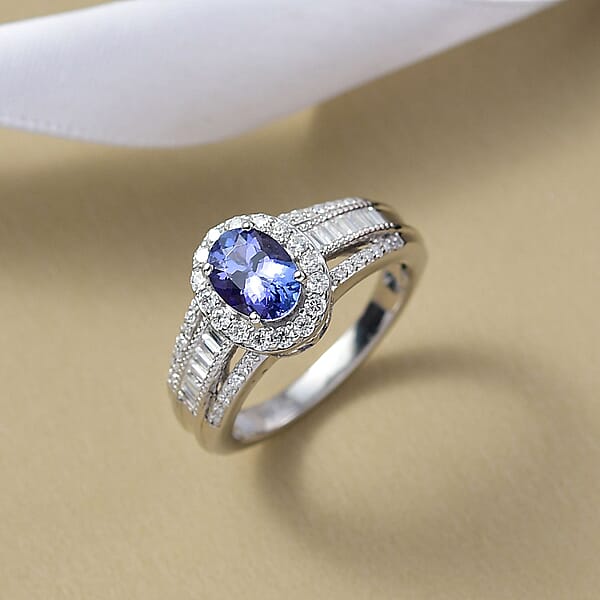 D'Joy Premium Tanzanite Moissanite Ring In Rhodium Over Sterling Silver 1.60 Ctw