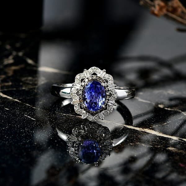 D'Joy Premium Tanzanite Natural Champagne And White Diamond 1.00 Ctw Floral Halo Ring In Rhodium Over Sterling Silver