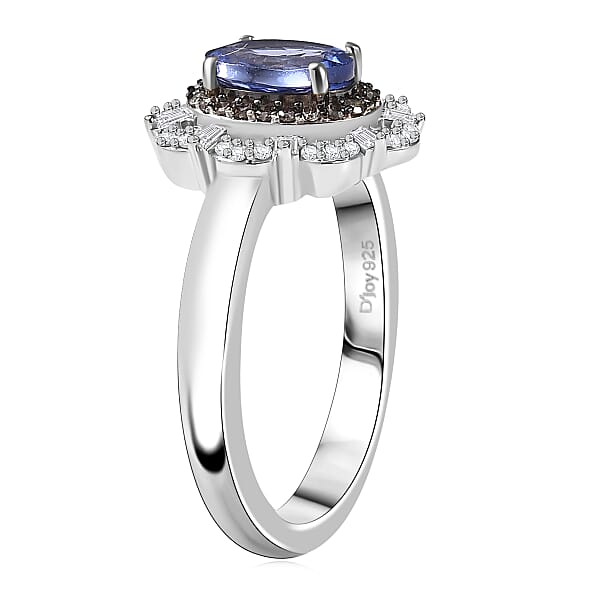 D'Joy Premium Tanzanite Natural Champagne And White Diamond 1.00 Ctw Floral Halo Ring In Rhodium Over Sterling Silver