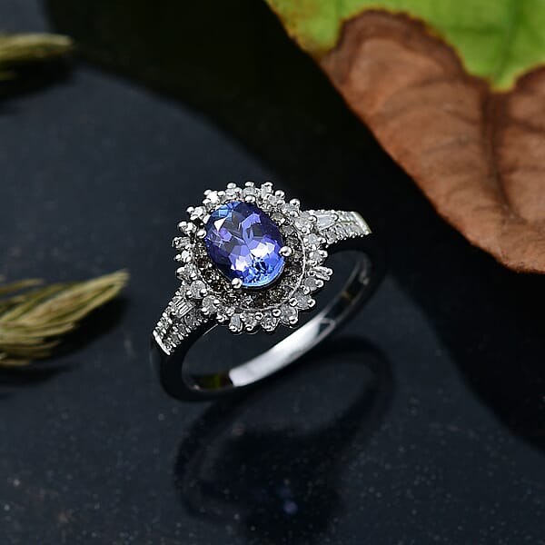 D'Joy Premium Tanzanite Natural Champagne And White Diamond 1.60 Ctw Sunburst Halo Ring In Rhodium Over Sterling Silver