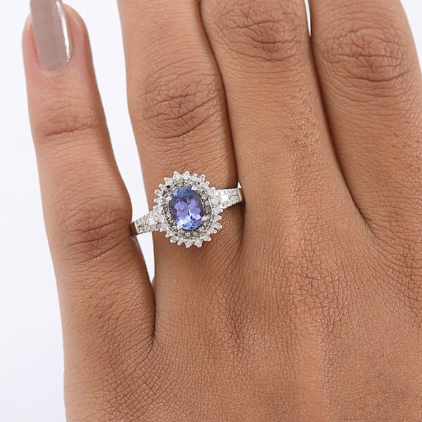 D'Joy Premium Tanzanite Natural Champagne And White Diamond 1.60 Ctw Sunburst Halo Ring In Rhodium Over Sterling Silver