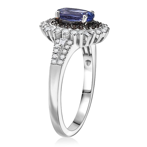 D'Joy Premium Tanzanite Natural Champagne And White Diamond 1.60 Ctw Sunburst Halo Ring In Rhodium Over Sterling Silver