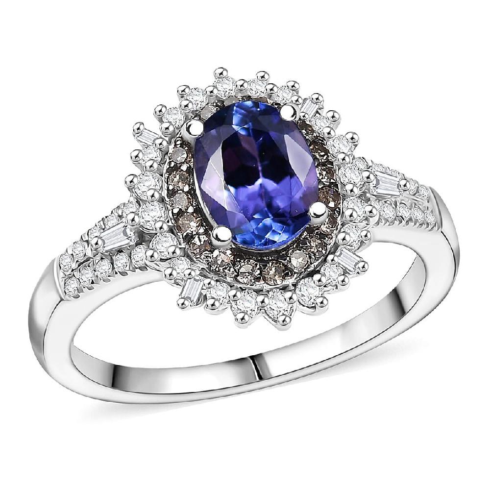 D'Joy Premium Tanzanite Natural Champagne and White Diamond 1.60 ctw Sunburst Halo Ring in Rhodium Over Sterling Silver