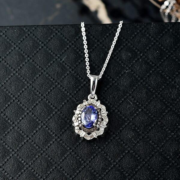 D'Joy Premium Tanzanite Natural Champagne And White Diamond 1.00 Ctw Floral Halo Pendant Necklace 20 Inches In Rhodium Over Sterling Silver