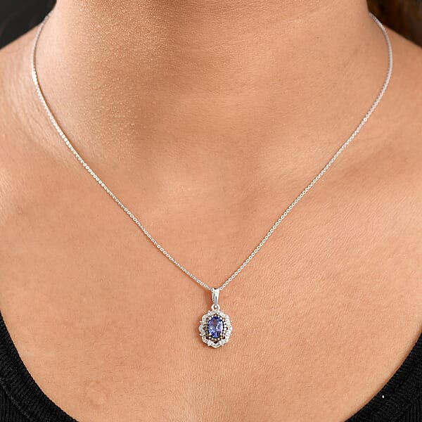 D'Joy Premium Tanzanite Natural Champagne And White Diamond 1.00 Ctw Floral Halo Pendant Necklace 20 Inches In Rhodium Over Sterling Silver