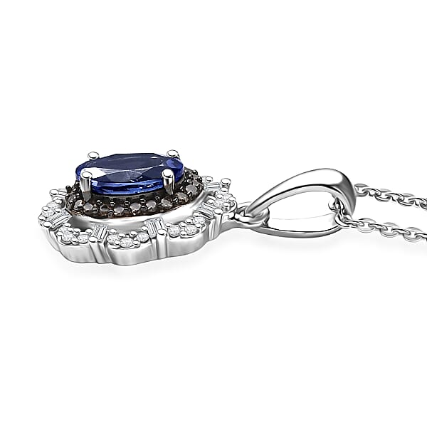 D'Joy Premium Tanzanite Natural Champagne And White Diamond 1.00 Ctw Floral Halo Pendant Necklace 20 Inches In Rhodium Over Sterling Silver