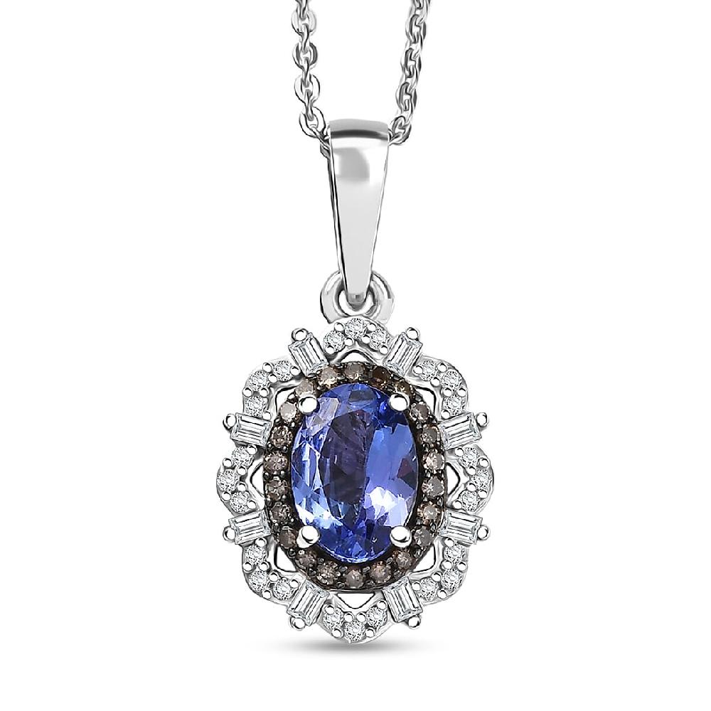 D'Joy Premium Tanzanite Natural Champagne and White Diamond 1.00 ctw Floral Halo Pendant Necklace 20 Inches in Rhodium Over Sterling Silver