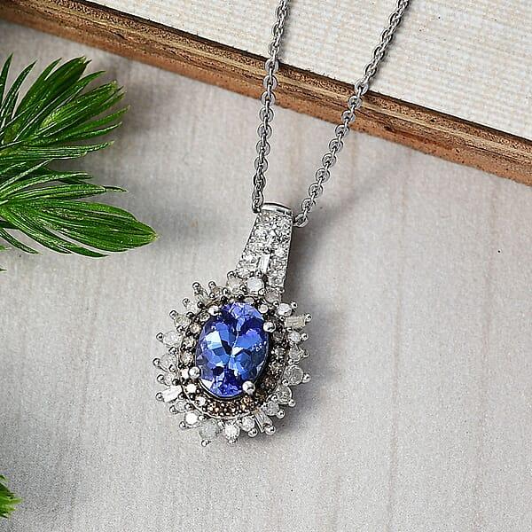 D'Joy Premium Tanzanite Natural Champagne And White Diamond 1.30 Ctw Sunburst Halo Pendant Necklace In Rhodium Over Sterling Silver 20 Inches
