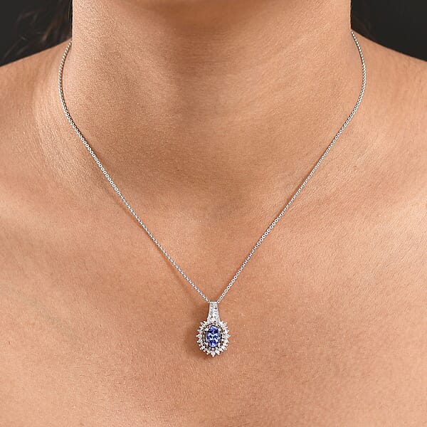 D'Joy Premium Tanzanite Natural Champagne And White Diamond 1.30 Ctw Sunburst Halo Pendant Necklace In Rhodium Over Sterling Silver 20 Inches