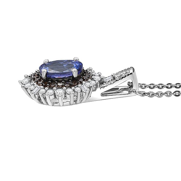D'Joy Premium Tanzanite Natural Champagne And White Diamond 1.30 Ctw Sunburst Halo Pendant Necklace In Rhodium Over Sterling Silver 20 Inches