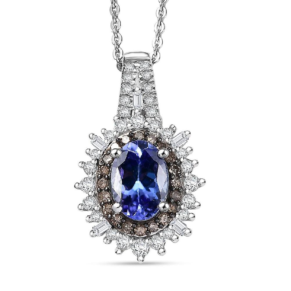 D'Joy Premium Tanzanite Natural Champagne and White Diamond 1.30 ctw Sunburst Halo Pendant Necklace in Rhodium Over Sterling Silver 20 Inches