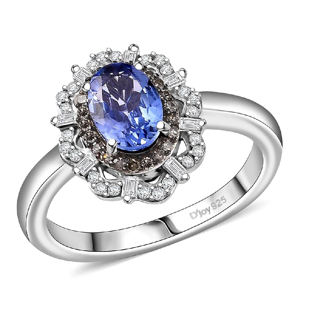 D'Joy Premium Tanzanite Natural Champagne And White Diamond 1.00 Ctw Floral Halo Ring In Rhodium Over Sterling Silver