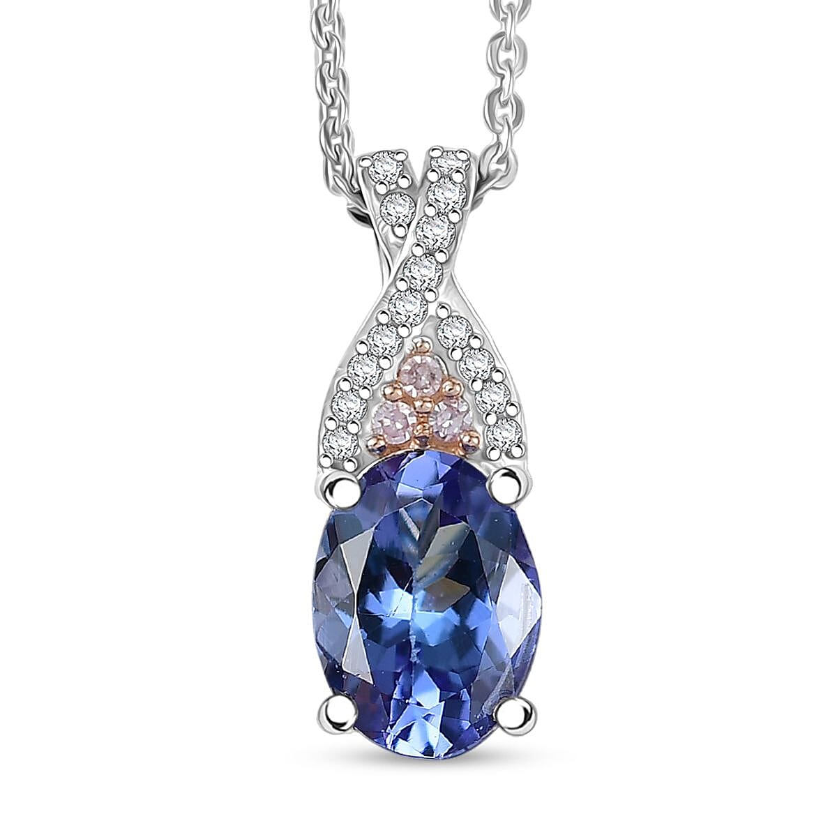 D'Joy Premium Tanzanite Natural Pink and White Diamond 1.25 ctw Infinity Bliss Pendant Necklace 20 Inches in 18K Vermeil RG and Rhodium Over Sterling Silver