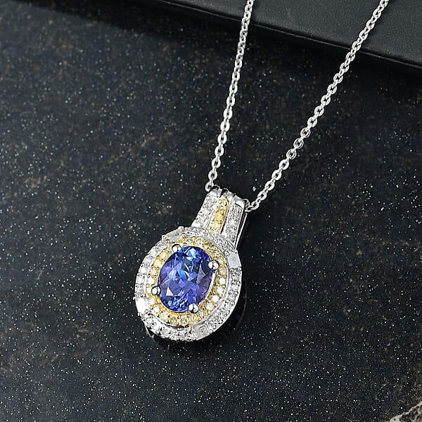 D'Joy Premium Tanzanite Natural Yellow And White Diamond 1.60 Ctw Royal Horizon Pendant Necklace In Rhodium Over Sterling Silver 20 Inches