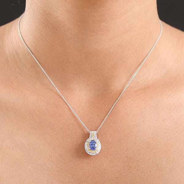 D'Joy Premium Tanzanite Natural Yellow And White Diamond 1.60 Ctw Royal Horizon Pendant Necklace In Rhodium Over Sterling Silver 20 Inches