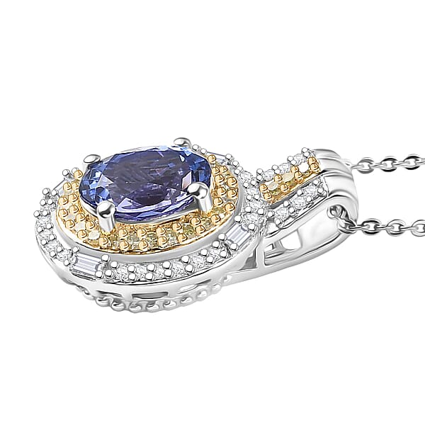D'Joy Premium Tanzanite Natural Yellow And White Diamond 1.60 Ctw Royal Horizon Pendant Necklace In Rhodium Over Sterling Silver 20 Inches