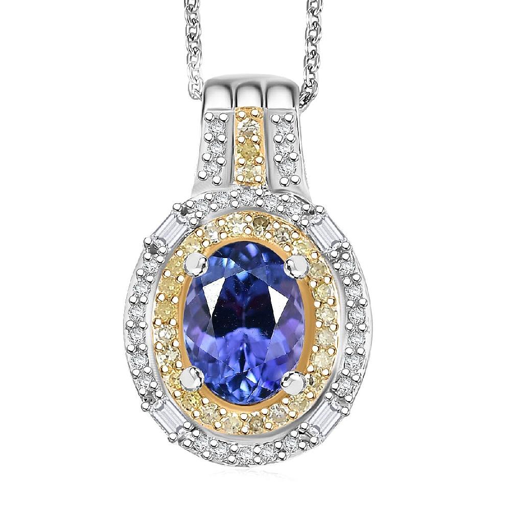 D'Joy Premium Tanzanite Natural Yellow and White Diamond 1.60 ctw Royal Horizon Pendant Necklace in Rhodium Over Sterling Silver 20 Inches