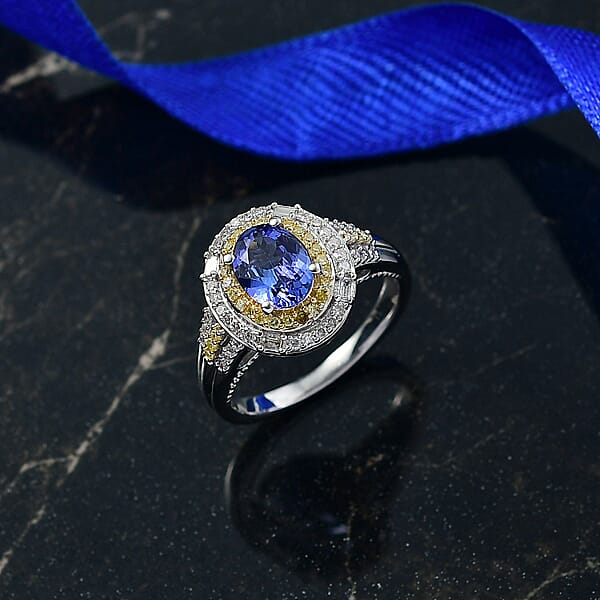 D'Joy Premium Tanzanite Natural Yellow White Diamond Ring In Rhodium Over Sterling Silver 1.60 Ctw