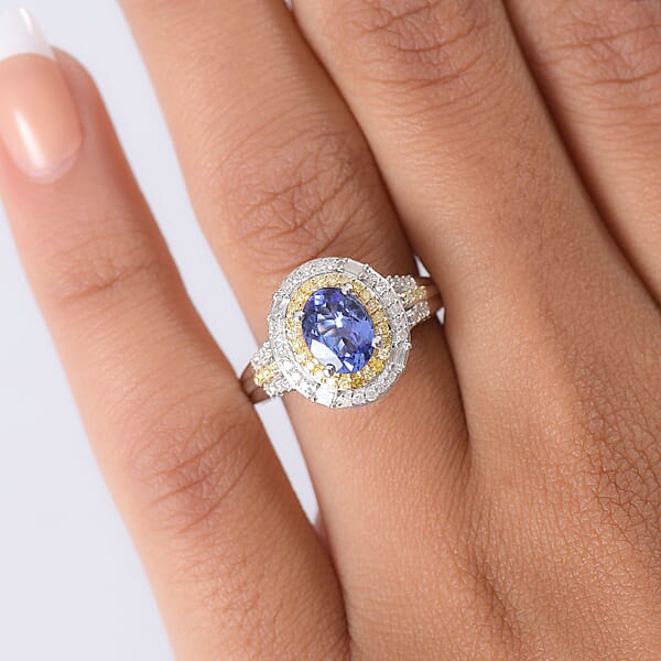D'Joy Premium Tanzanite Natural Yellow White Diamond Ring In Rhodium Over Sterling Silver 1.60 Ctw