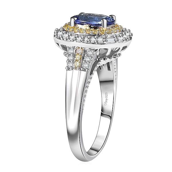 D'Joy Premium Tanzanite Natural Yellow White Diamond Ring In Rhodium Over Sterling Silver 1.60 Ctw