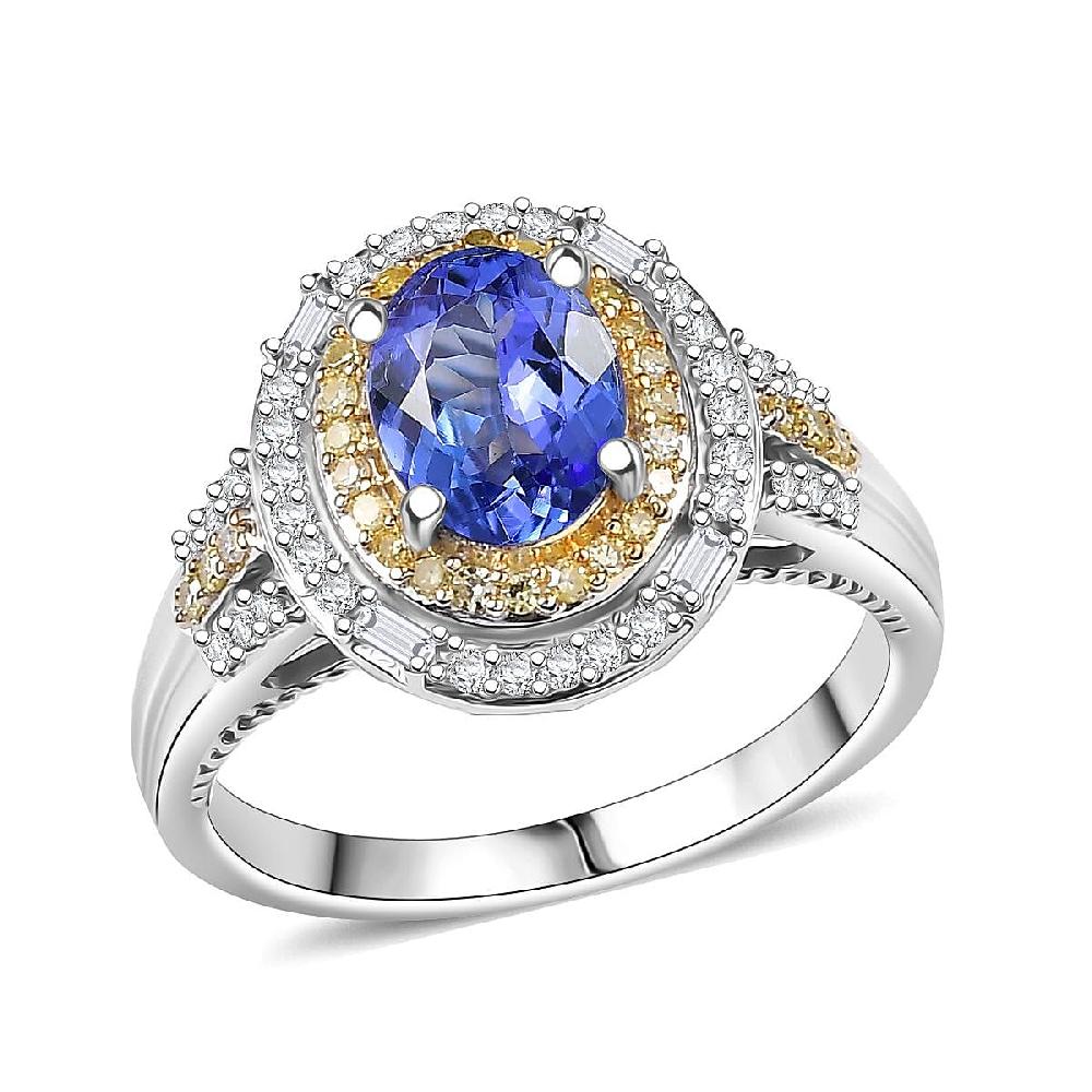 D'Joy Premium Tanzanite Natural Yellow White Diamond Ring in Rhodium Over Sterling Silver 1.60 ctw