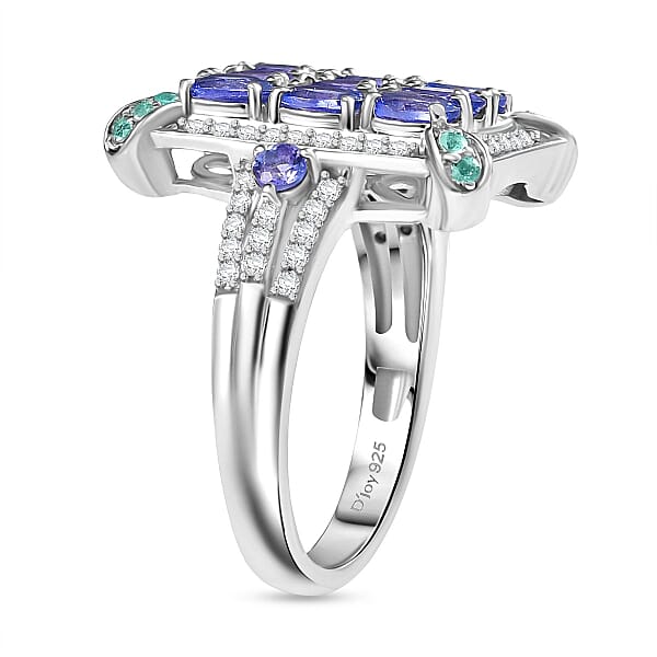 D'Joy Premium Tanzanite Paraiba Tourmaline And Diamond 2.15 Ctw 9 Planet Ring In Rhodium Over Sterling Silver