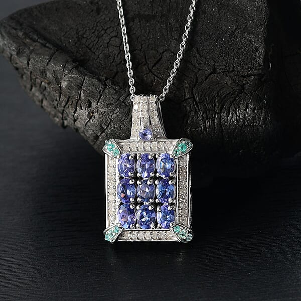 D'Joy Premium Tanzanite Paraiba Tourmaline And Diamond 2.00 Ctw 9 Planet Pendant Necklace In Rhodium Over Sterling Silver 20 Inches