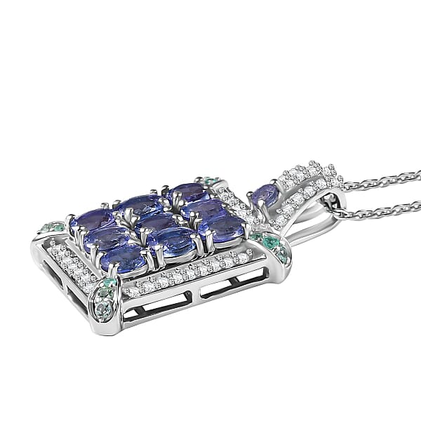 D'Joy Premium Tanzanite Paraiba Tourmaline And Diamond 2.00 Ctw 9 Planet Pendant Necklace In Rhodium Over Sterling Silver 20 Inches