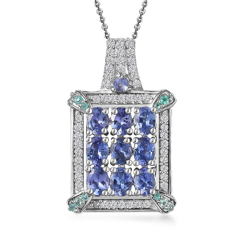 D'Joy Premium Tanzanite Paraiba Tourmaline and Diamond 2.00 ctw 9 Planet Pendant Necklace in Rhodium Over Sterling Silver 20 Inches