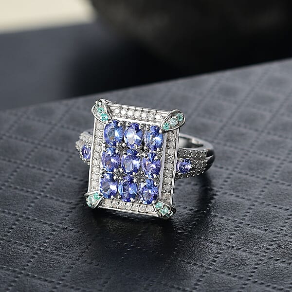 D'Joy Premium Tanzanite Paraiba Tourmaline And Diamond 2.15 Ctw 9 Planet Ring In Rhodium Over Sterling Silver