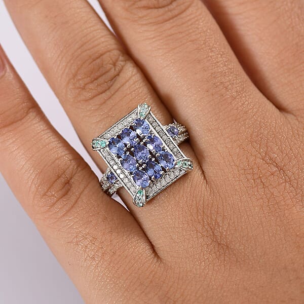D'Joy Premium Tanzanite Paraiba Tourmaline And Diamond 2.15 Ctw 9 Planet Ring In Rhodium Over Sterling Silver