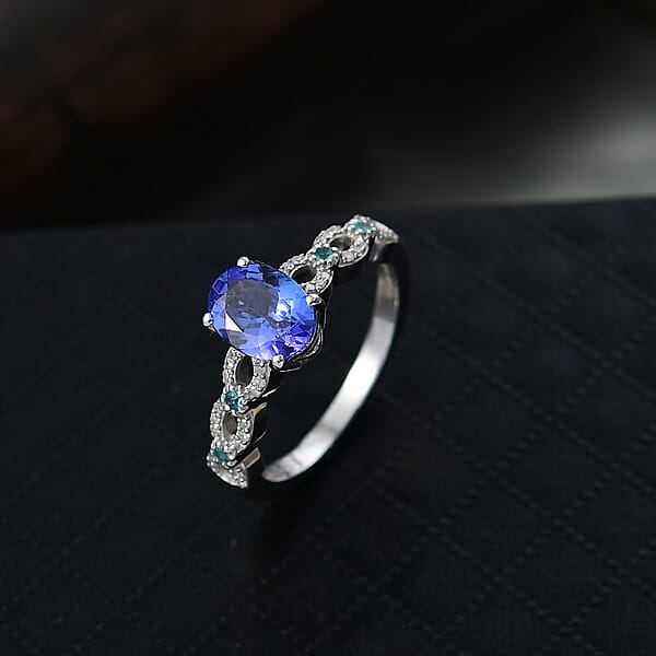 D'Joy Premium Tanzanite Paraiba Tourmaline And Diamond 1.50 Ctw Royal Infinity Ring In Rhodium Over Sterling Silver