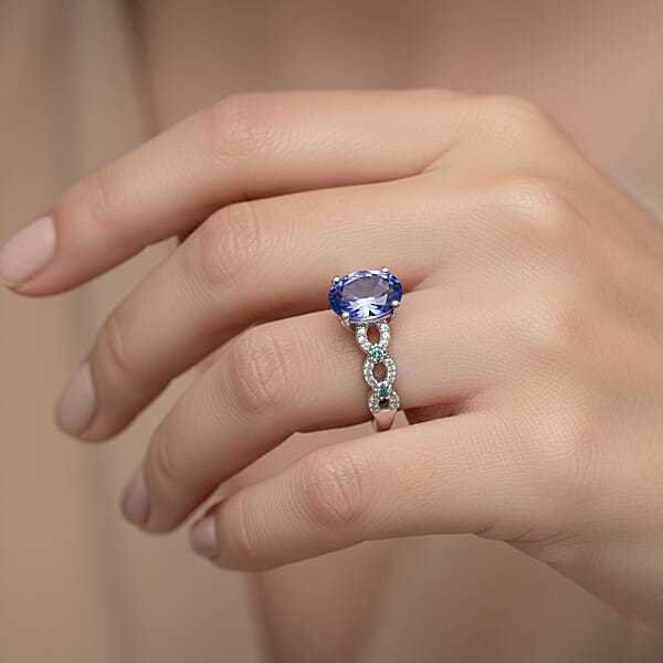 D'Joy Premium Tanzanite Paraiba Tourmaline And Diamond 1.50 Ctw Royal Infinity Ring In Rhodium Over Sterling Silver