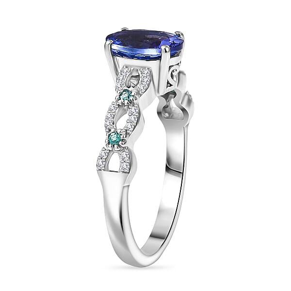 D'Joy Premium Tanzanite Paraiba Tourmaline And Diamond 1.50 Ctw Royal Infinity Ring In Rhodium Over Sterling Silver