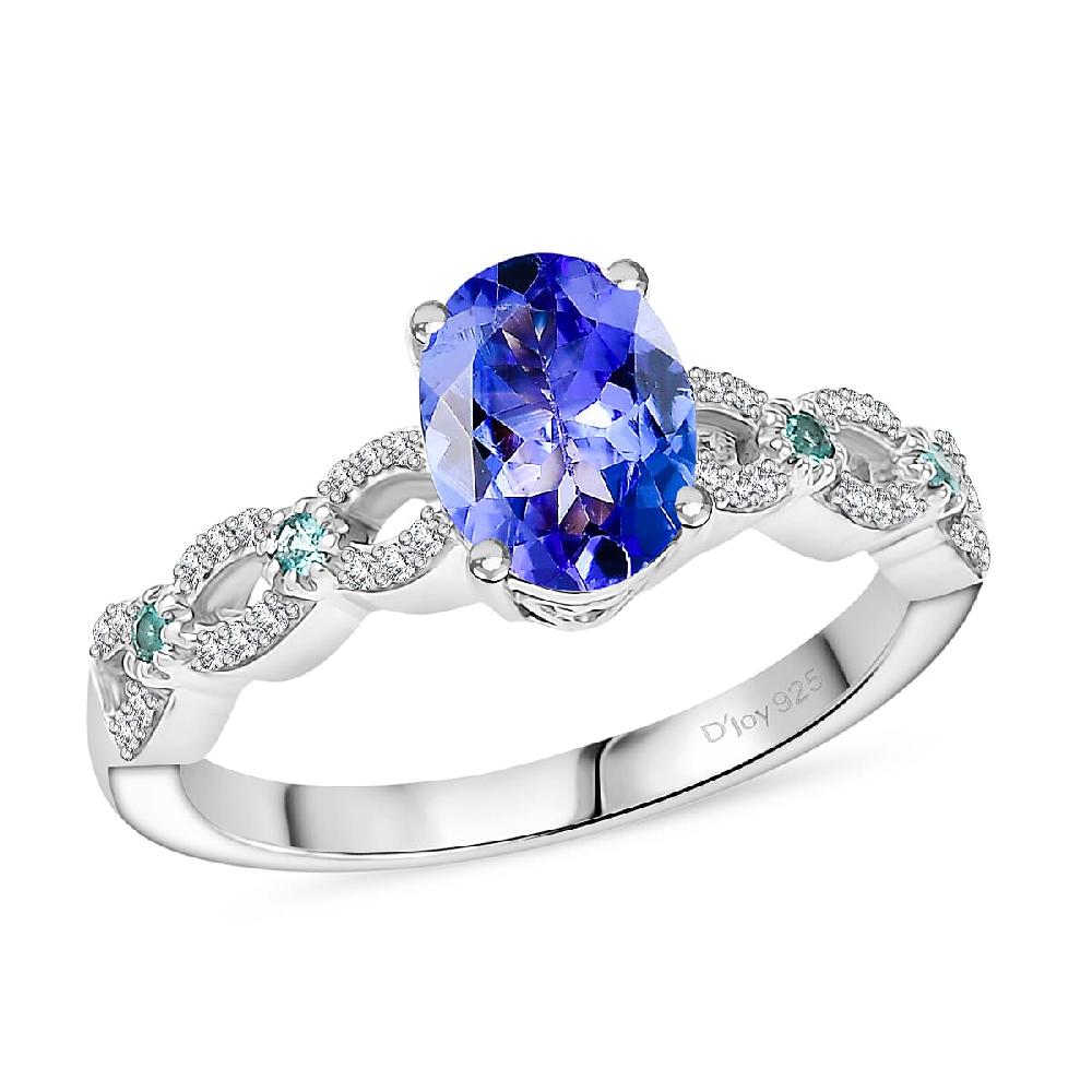 D'Joy Premium Tanzanite Paraiba Tourmaline and Diamond 1.50 ctw Royal Infinity Ring in Rhodium Over Sterling Silver