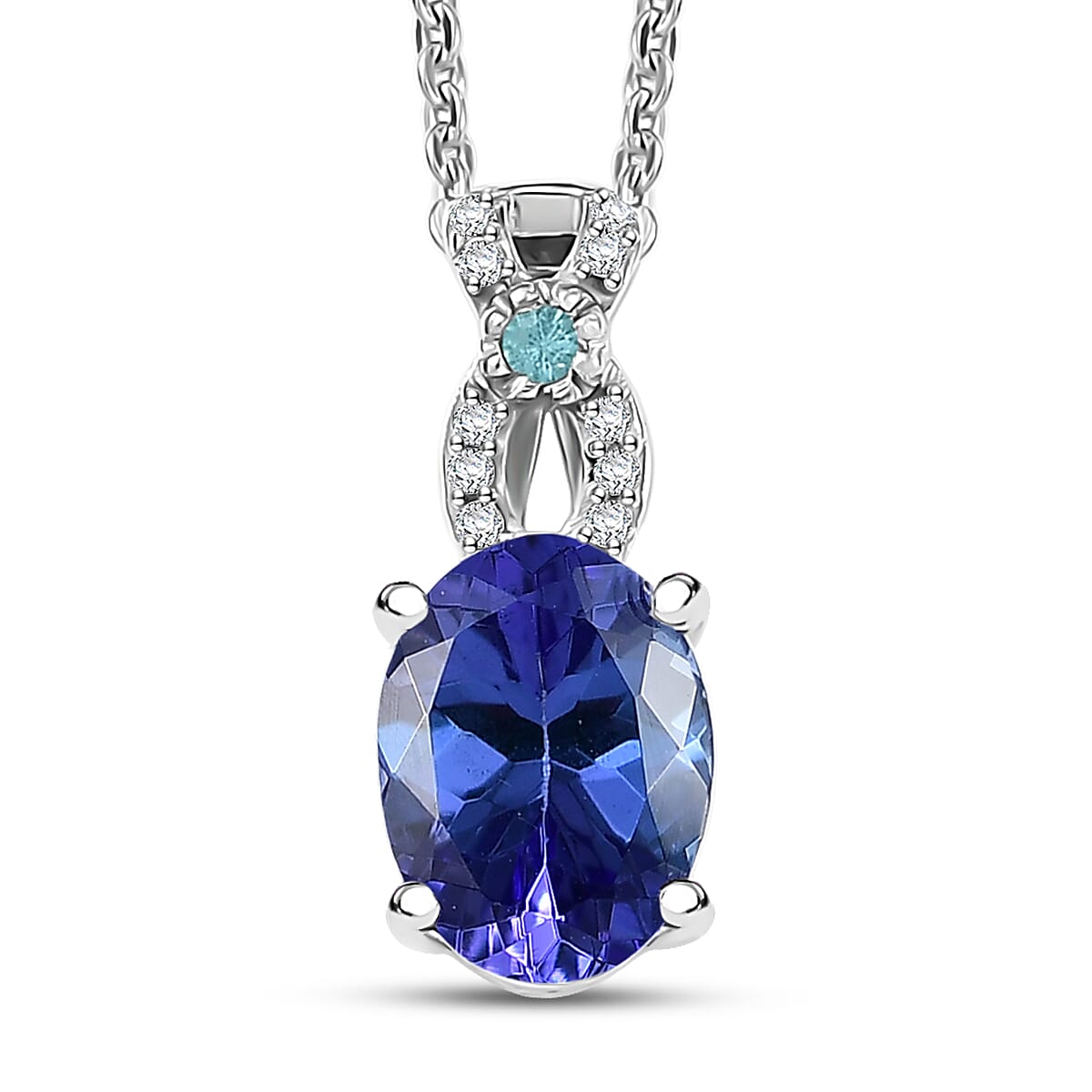 D'Joy Premium Tanzanite Paraiba Tourmaline and Diamond 1.25 ctw Royal Infinity Pendant Necklace in Rhodium Over Sterling Silver 20 Inches