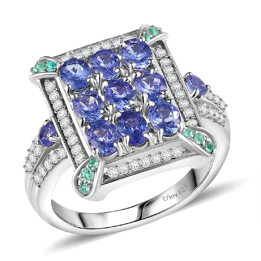 D'Joy Premium Tanzanite Paraiba Tourmaline and Diamond 2.15 ctw 9 Planet Ring in Rhodium Over Sterling Silver