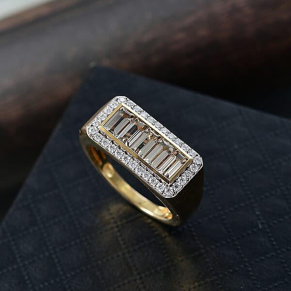 D'Joy Premium Turkizite And Moissanite 2.65 Ctw Victory Frame Men's Ring In 18K Vermeil Yellow Gold Over Sterling Silver