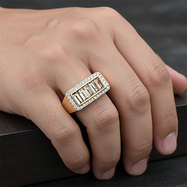 D'Joy Premium Turkizite And Moissanite 2.65 Ctw Victory Frame Men's Ring In 18K Vermeil Yellow Gold Over Sterling Silver