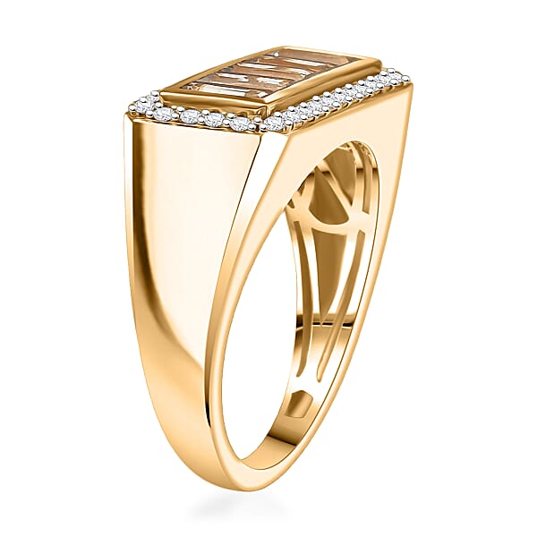 D'Joy Premium Turkizite And Moissanite 2.65 Ctw Victory Frame Men's Ring In 18K Vermeil Yellow Gold Over Sterling Silver