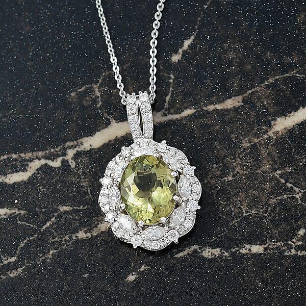 D'Joy Premium Yellow Apatite And Moissanite 4.90 Ctw Imperial Dawn Pendant Necklace In Rhodium Over Sterling Silver 20 Inches