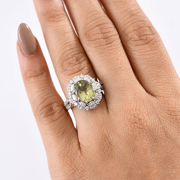 D'Joy Premium Yellow Apatite And Moissanite 5.10 Ctw Imperial Dawn Ring In Rhodium Over Sterling Silver