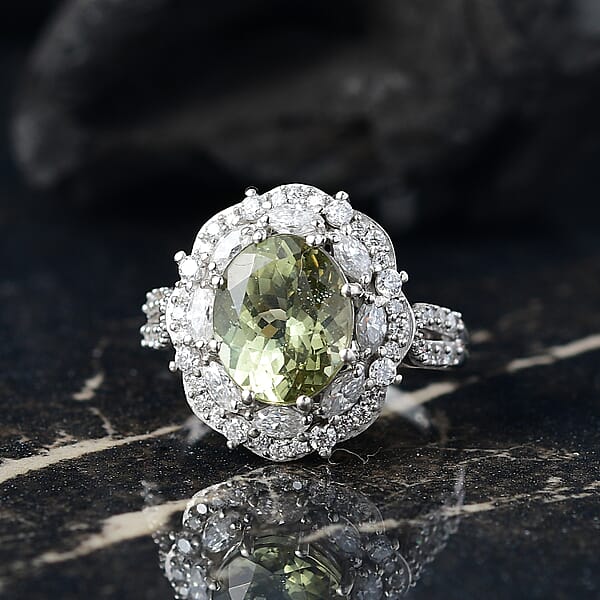 D'Joy Premium Yellow Apatite And Moissanite 5.10 Ctw Imperial Dawn Ring In Rhodium Over Sterling Silver