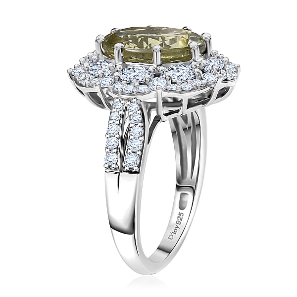 D'Joy Premium Yellow Apatite And Moissanite 5.10 Ctw Imperial Dawn Ring In Rhodium Over Sterling Silver