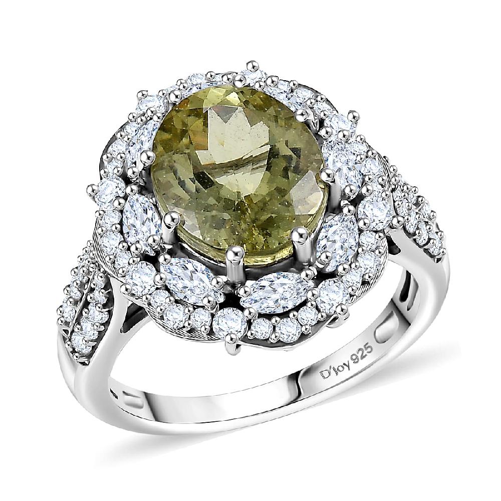 D'Joy Premium Yellow Apatite and Moissanite 5.10 ctw Imperial Dawn Ring in Rhodium Over Sterling Silver