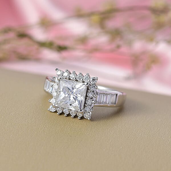 D'Joy Princess Cut Moissanite Halo Ring In Rhodium Over Sterling Silver 2.75 Ctw