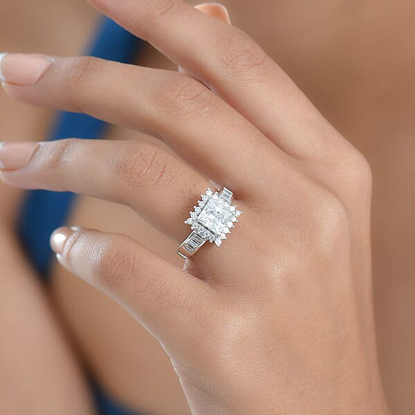 D'Joy Princess Cut Moissanite Halo Ring In Rhodium Over Sterling Silver 2.75 Ctw