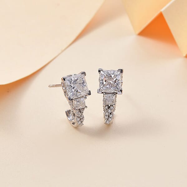 D'Joy Princess Cut Moissanite Sapphire J-Hoop Earrings In Rhodium Over Sterling Silver 3.10 Ctw