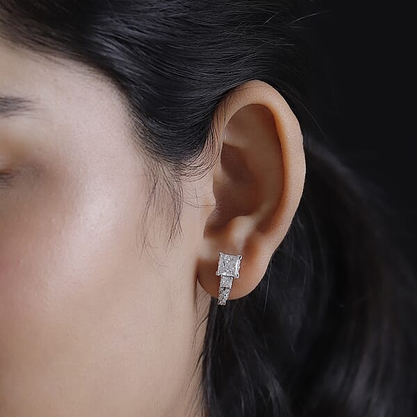D'Joy Princess Cut Moissanite Sapphire J-Hoop Earrings In Rhodium Over Sterling Silver 3.10 Ctw