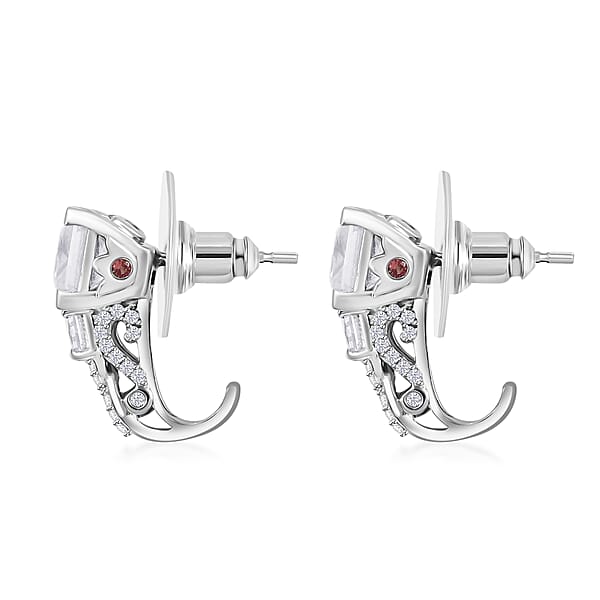 D'Joy Princess Cut Moissanite Sapphire J-Hoop Earrings In Rhodium Over Sterling Silver 3.10 Ctw
